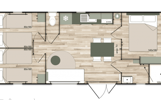 TRIGANO Nest 35.3 de 2024 bardage imitation bois avec terrasse fermée , 3 chambres